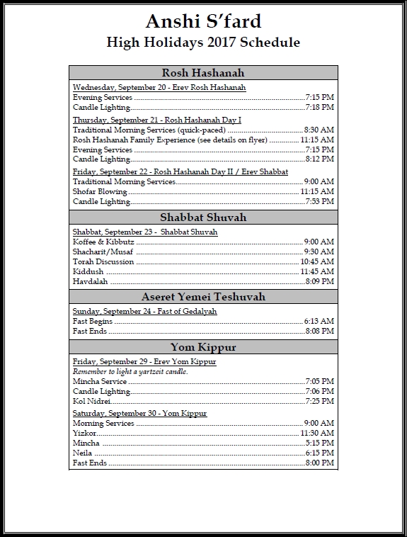 Complete High Holiday Schedule Congregation Anshi S'fard Judaism